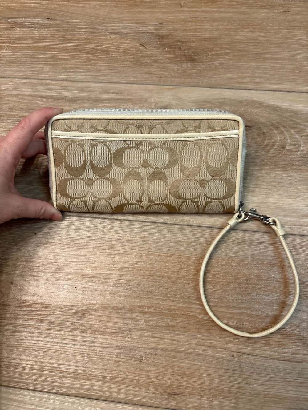Coach Signature C Canvas Zip Around Wallet Beige and White with Wristlet Strap